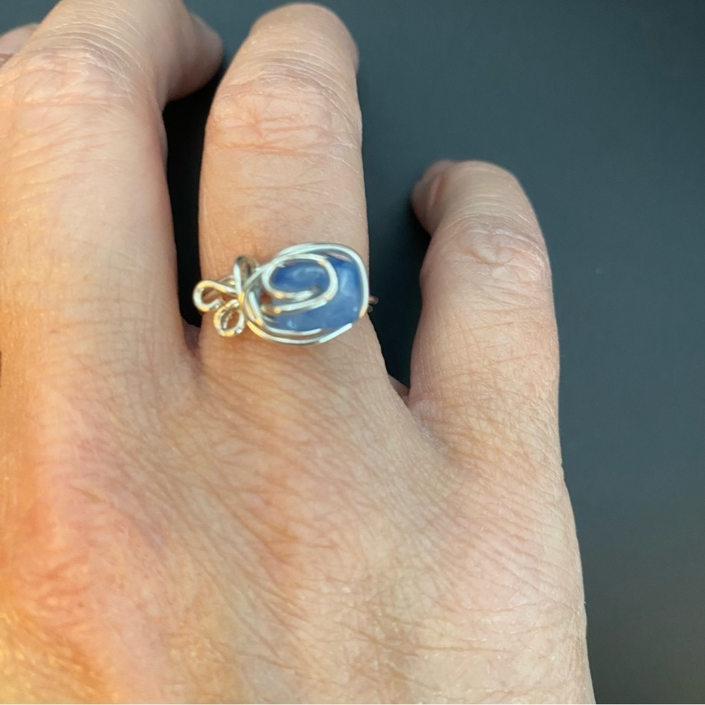 Silver Plated Wire Wrapped Blue Chalcedony Ring - Picture 3 of 3